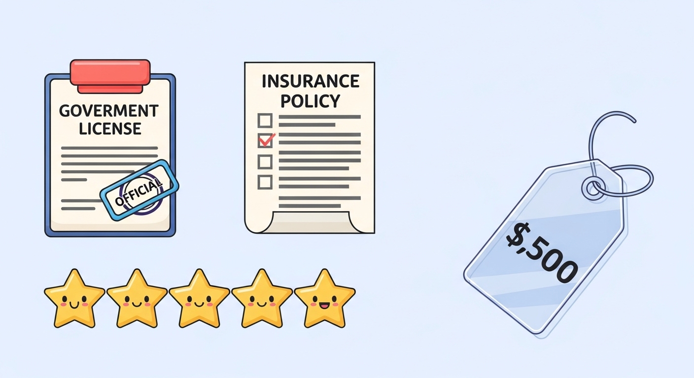 믿을 수 있는 포장이사 업체를 고르기 위한 체크리스트. 허가증, 보험, 후기, 투명한 가격 아이콘이 그려져 있다.