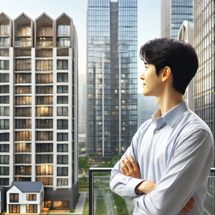 현대적 아파트 단지를 배경으로 꿈과 희망을 가진 청년의 모습