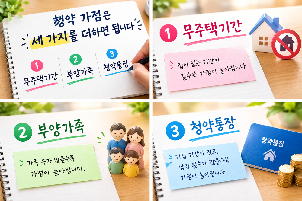 청약 가점을 결정하는 무주택기간 부양가족 청약통장 세 가지 항목을 메모 형식으로 정리한 이미지