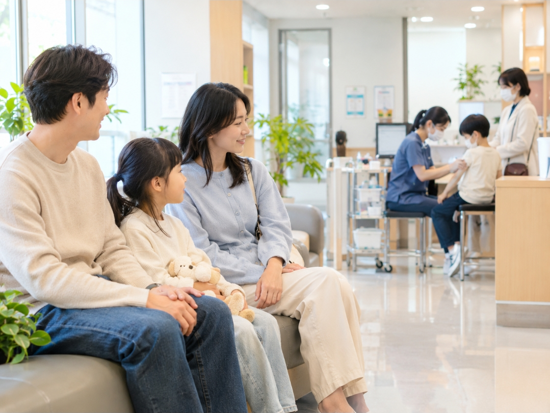 독감 예방접종을 위해 병원을 방문한 가족