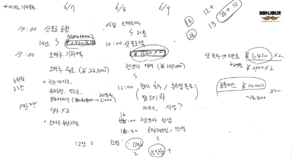 A4용지 위에 작성된 여행계획