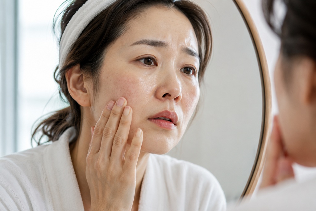 거울을 보며 볼과 입가 피부의 탄력 저하 및 피부 고민을 살피고 있는 중년 여성의 모습
