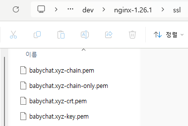 SSL 인증 파일이 pem 형식으로 생성된 것을 확인한 화면