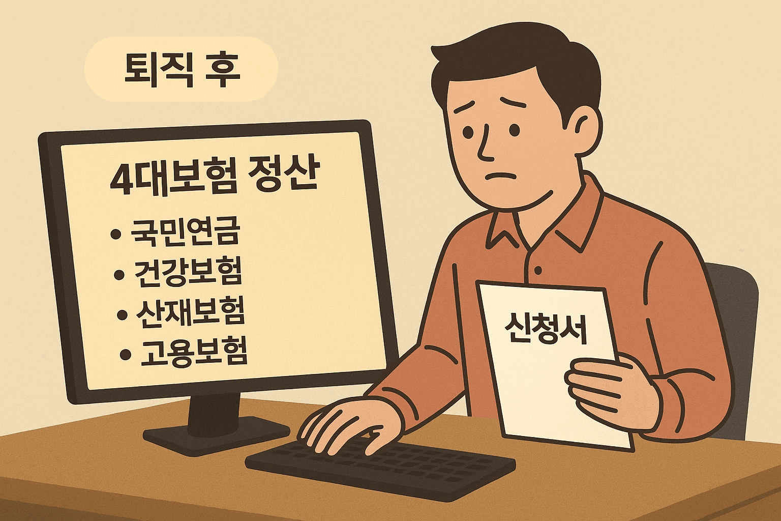 퇴직 후 4대보험료 정산을 요청하려는 근로자를 시각적으로 표현한 일러스트 이미지