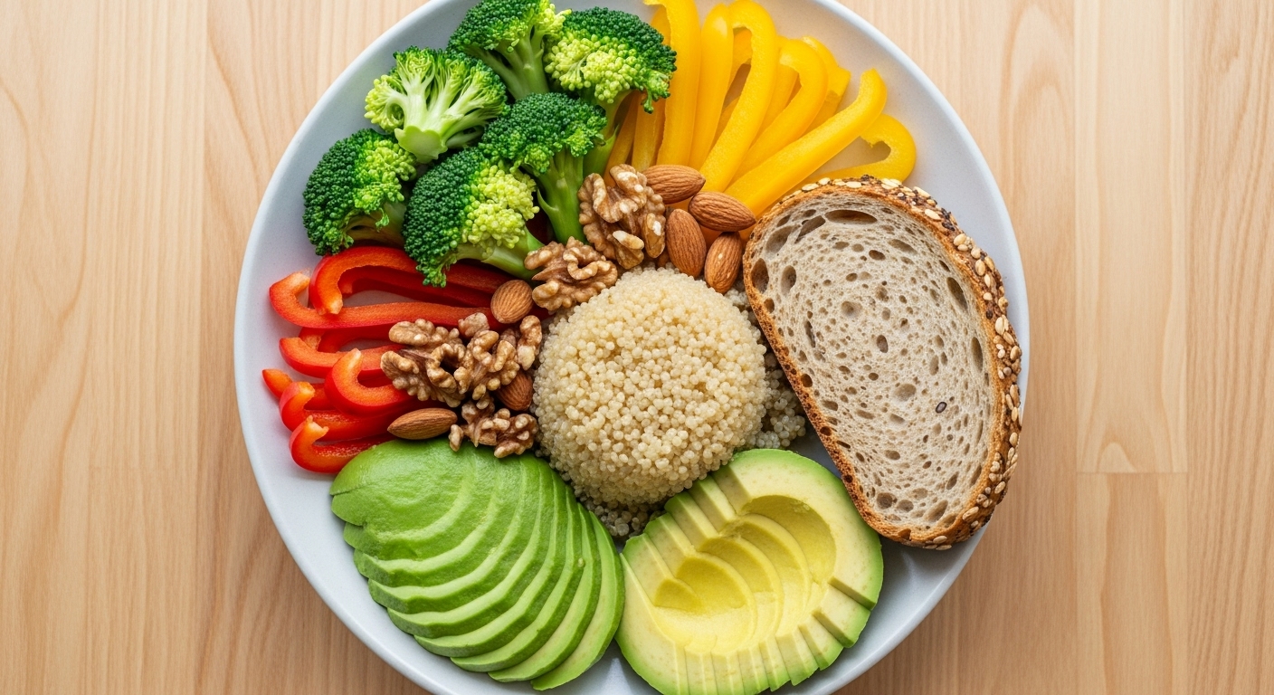 다양한 색깔의 채소와 통곡물이 담긴 건강한 식단 이미지
