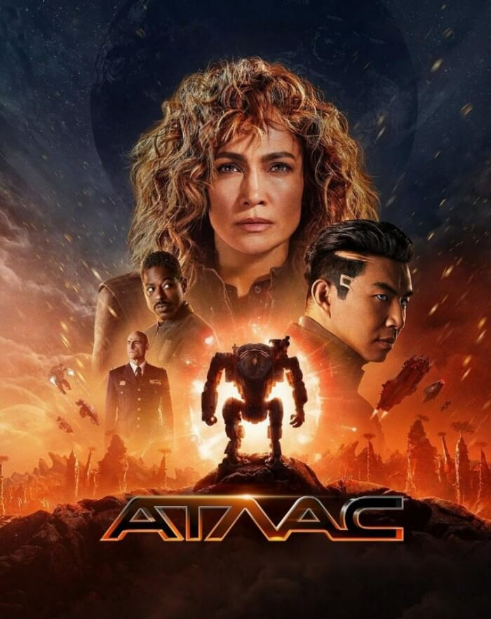 Atlas 영화 포스터, 주인공들의 얼굴과 거대한 메카 실루엣