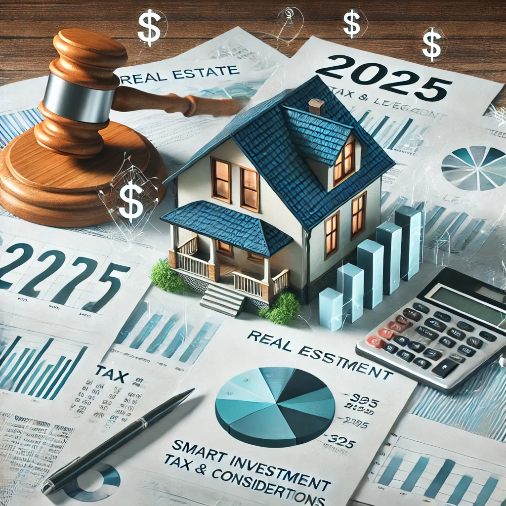 "부동산 투자와 세금 및 법률 고려 사항을 표현한 이미지. 부동산 서류, 세금 관련 문서, 집 모형, 금융 차트, 법률을 상징하는 판사봉(가벨)이 포함되어 있으며, 2025년 최신 부동산 세법과 투자 전략을 강조하는 분위기를 연출합니다."