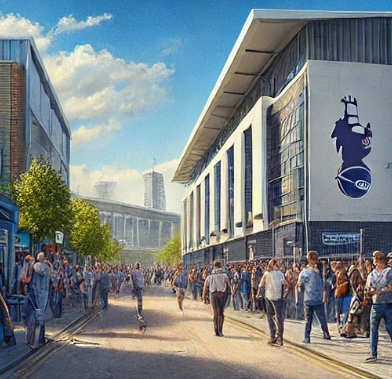 축구경기를 관람하기위해 모여드는 사람들의 모습