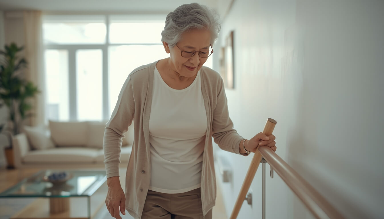 집 안 낙상 사고 방지를 위해 설치된 안전 손잡이를 잡고 걷는 어르신