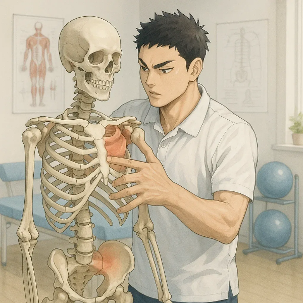 물리치료사가 해골 모형으로 관절 설명