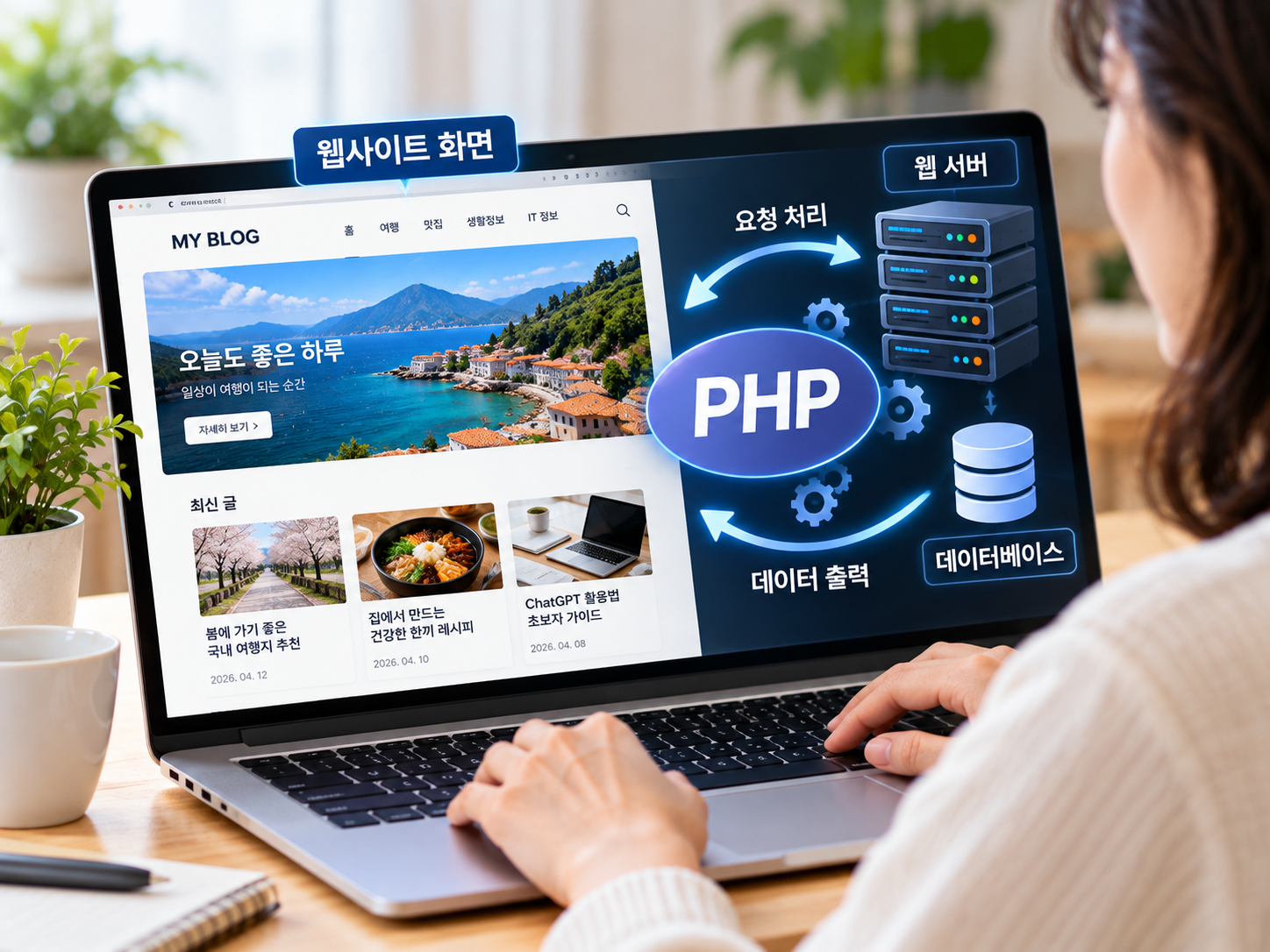 PHP가 웹사이트 뒤에서 작동하는 모습을 표현한 이미지
