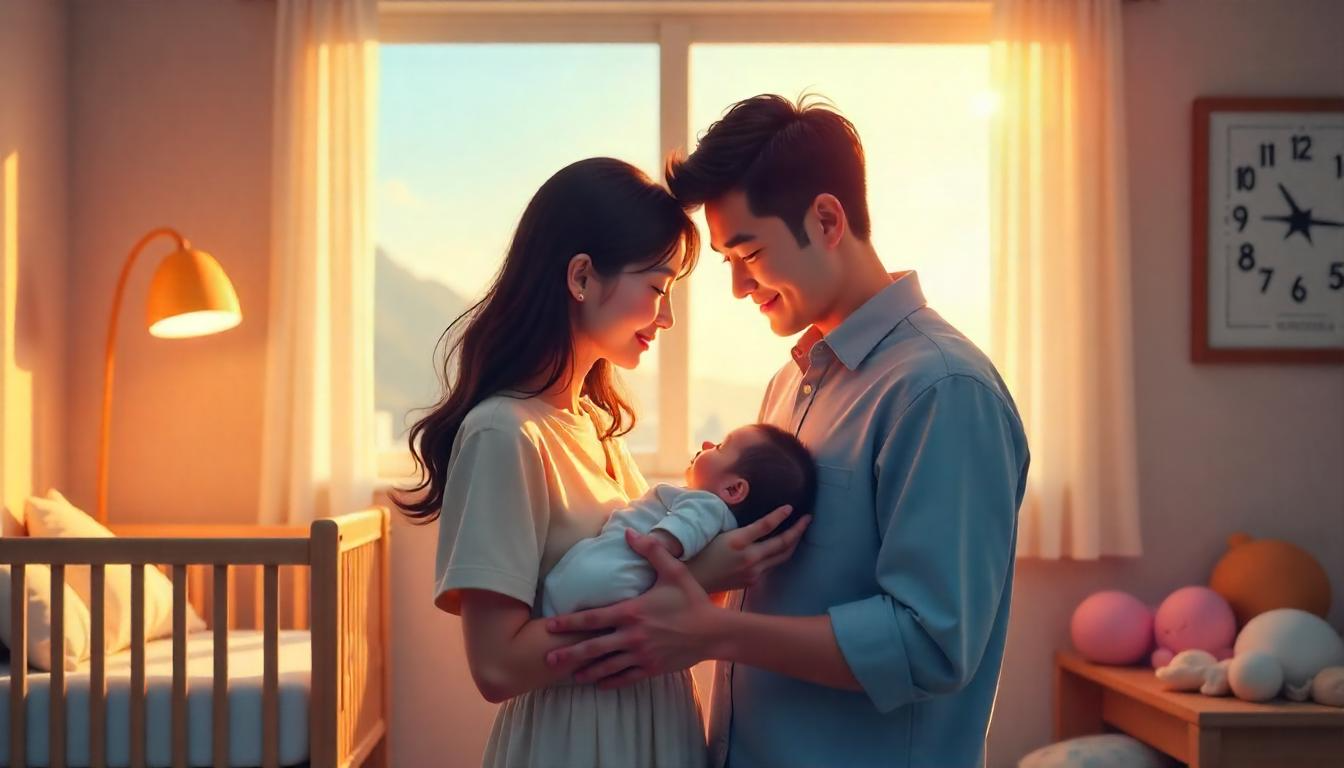 부부가 신생아를 품에 안고 있는 모습
