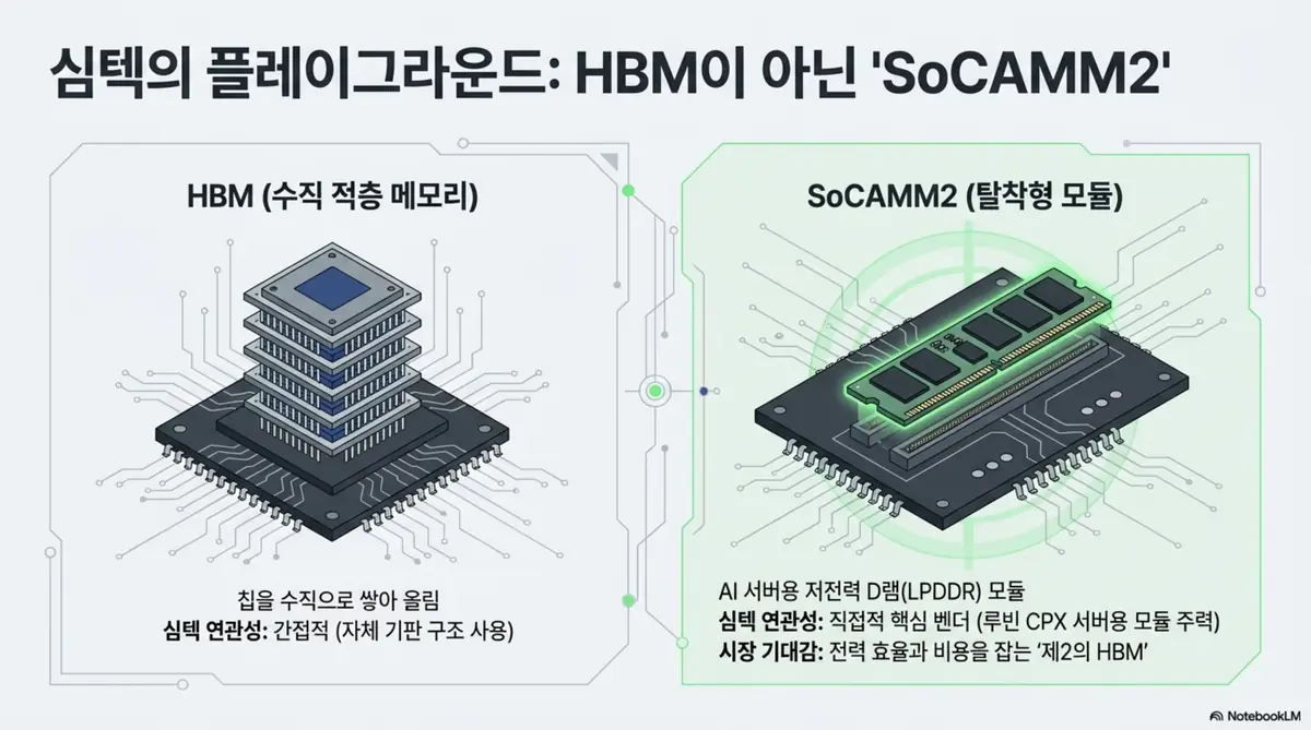 심텍 주가 전망: 심텍의 주력 시장인 소캠2와 에이치비엠의 차이를 비교한 이미지. 에이치비엠은 칩을 수직으로 쌓는 메모리이고 소캠2는 에이아이 서버용 저전력 디램 모듈로, 심텍이 직접 핵심 벤더라는 점을 시각적으로 전달하며, 블로그의 심텍 소캠2 모멘텀 분석과 관련된 내용을 설명함