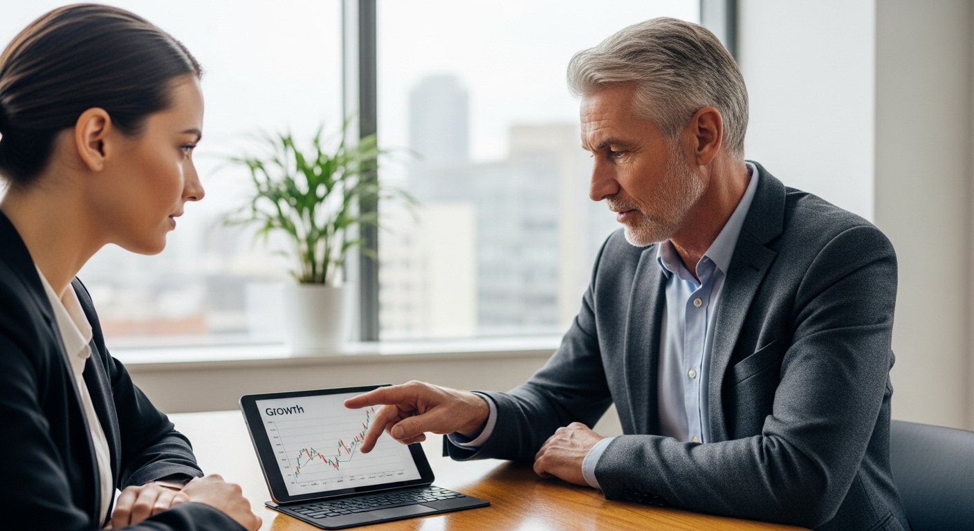 경험 많은 멘토가 젊은 창업가에게 사업 성장을 위한 재무 전략을 조언하며 멘토링하는 장면.