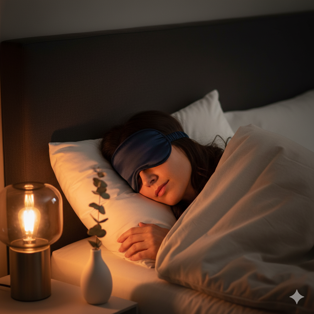 침실 무드등 아래, 수면 안대를 하고 깊은 잠을 자는 여성 (면역력을 위한 수면)