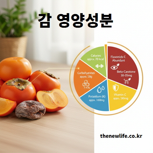 감 영양성분 인포그래픽, 비타민C·베타카로틴·플라보노이드·칼륨 등 주요 영양소 비율을 시각적으로 표현한 이미지