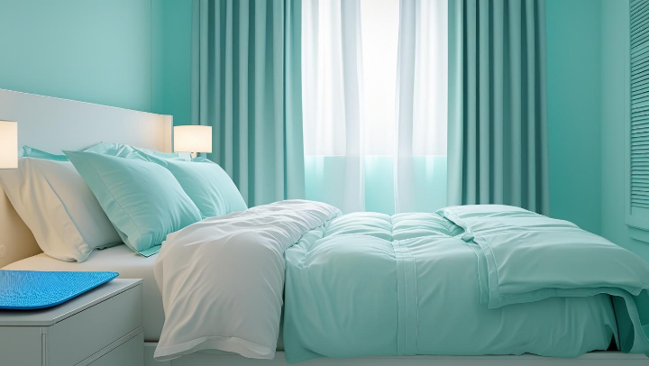 시원한 침실 사진 위에 여름 숙면을 위한 세팅 요소 3가지(온도, 쿨패드, 암막 커튼)를 안내하는 실용 이미지