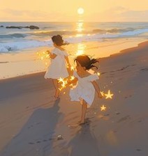 하늘에서-빛이-내리는-꿈-해변가에서-빛줄기가-어린-두아이를-반짝이며-비추는-그림