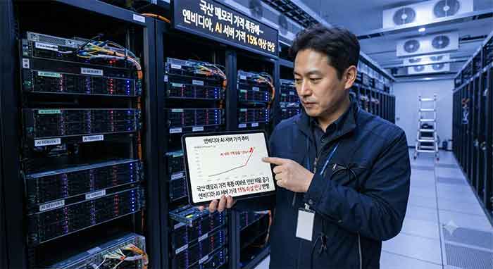 서버실에서 AI 서버 가격 인상 그래프를 가리키는 남성.