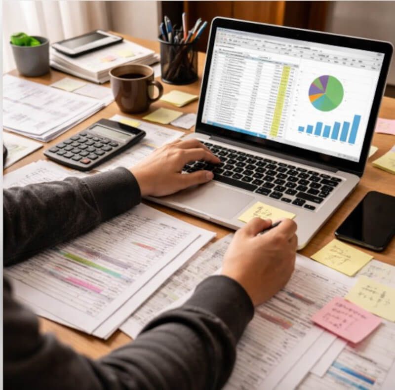 여러 서류와 메모를 펼쳐놓고 컴퓨터로 정리하려는 복잡한 작업 장면