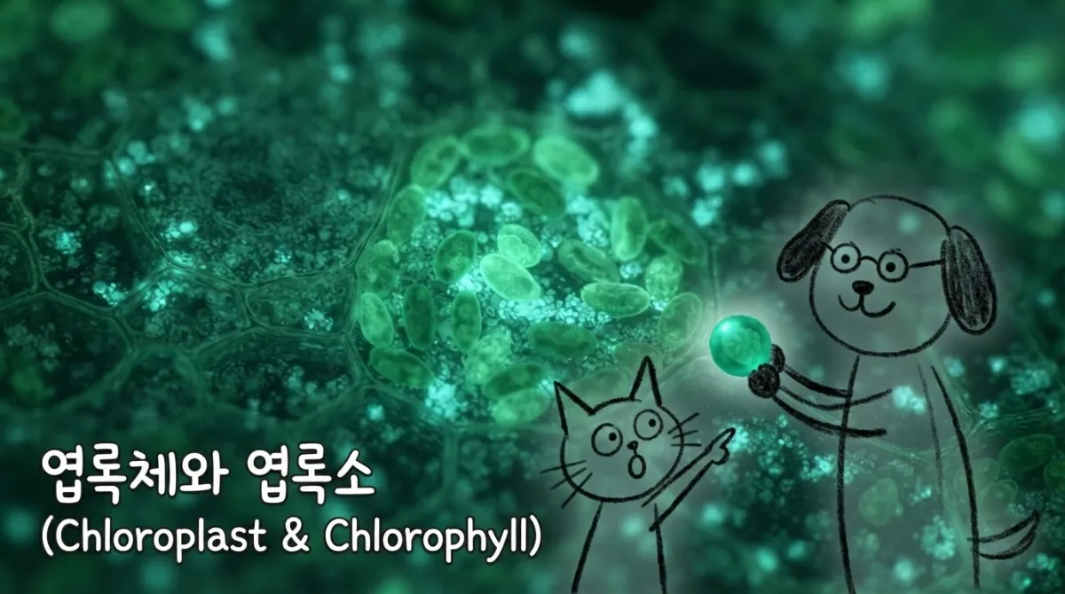 식물 세포 내부의 엽록체와 엽록소 분자 구조
