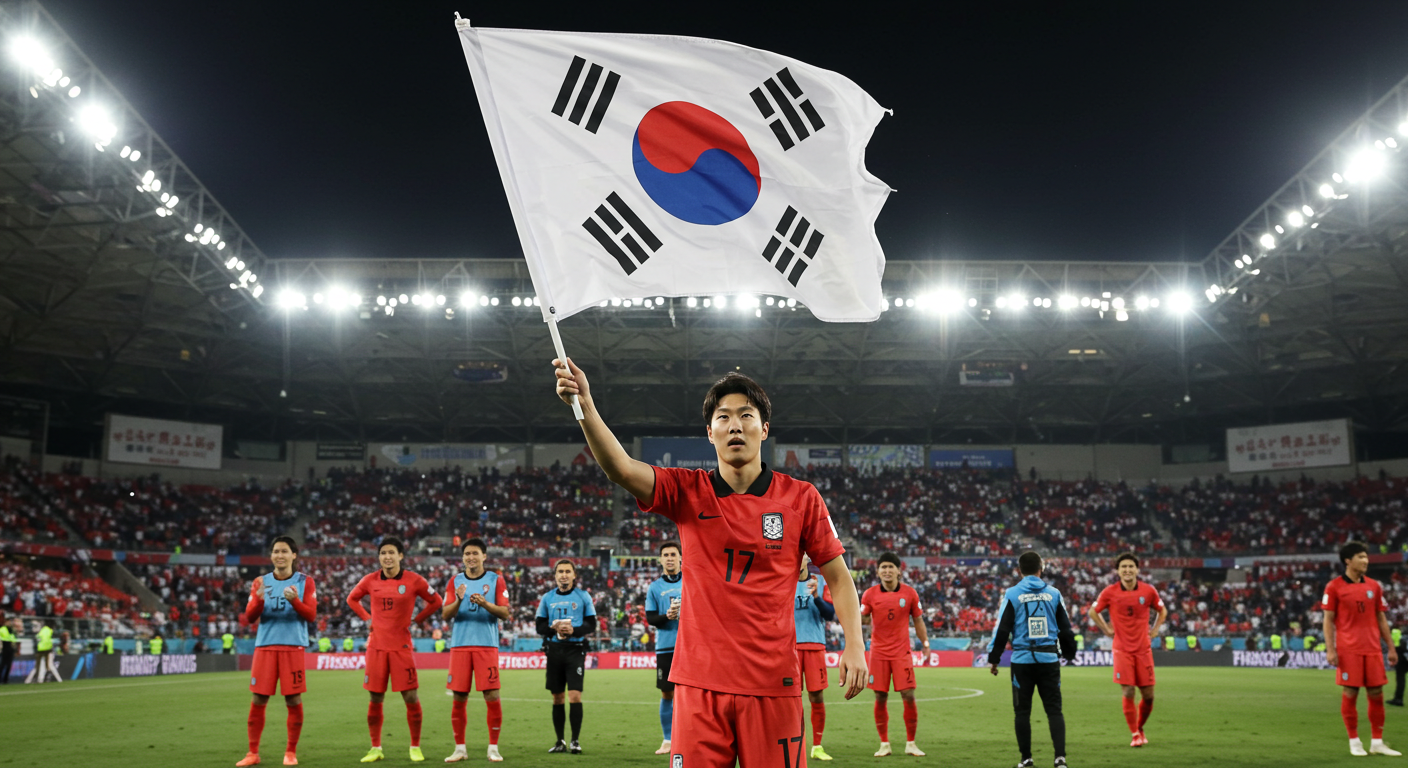 태극기를 들고 대표팀을 이끄는 한국 축구 주장 이미지