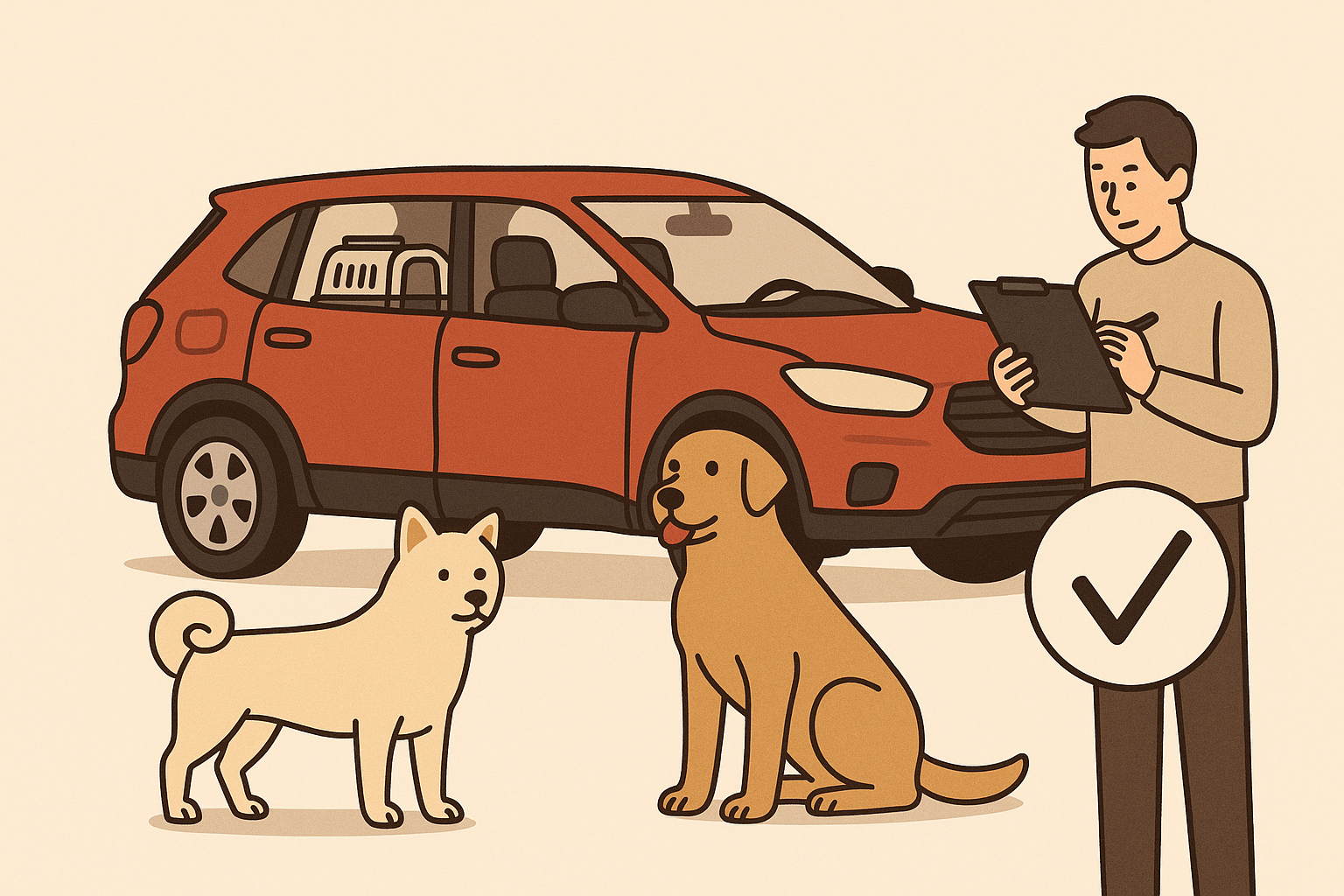 이 이미지는 반려견을 위한 차량 선택 상황을 주제로, 차량 앞에 다양한 크기의 강아지들이 앉아 있고 보호자가 체크리스트를 들고 있는 모습이 묘사되어 있습니다. 차량 내부에는 반려동물 전용 케이지가 비치되어 있어 장비 구비 여부를 암시하며, 견종에 따른 차량 크기 고려와 안전장비 점검, 체크 항목 등을 직관적으로 표현한 구성입니다.