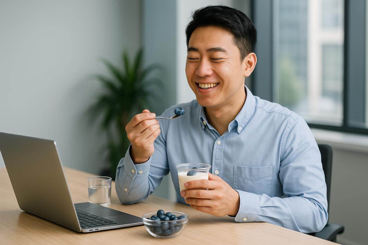 블루베리를 곁들인 요거트를 즐기며 행복해 하는 모습.