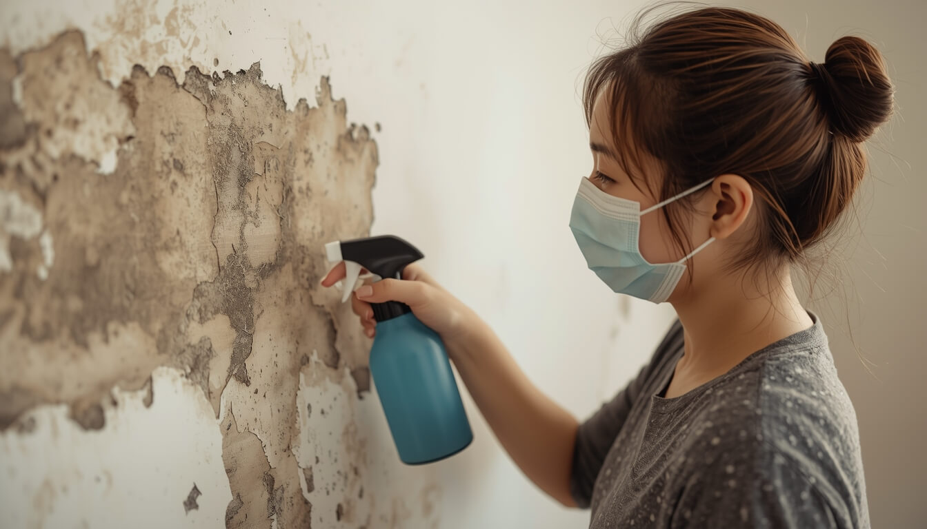 티트리 오일을 섞은 천연 세정제로 곰팡이를 살균하는 모습