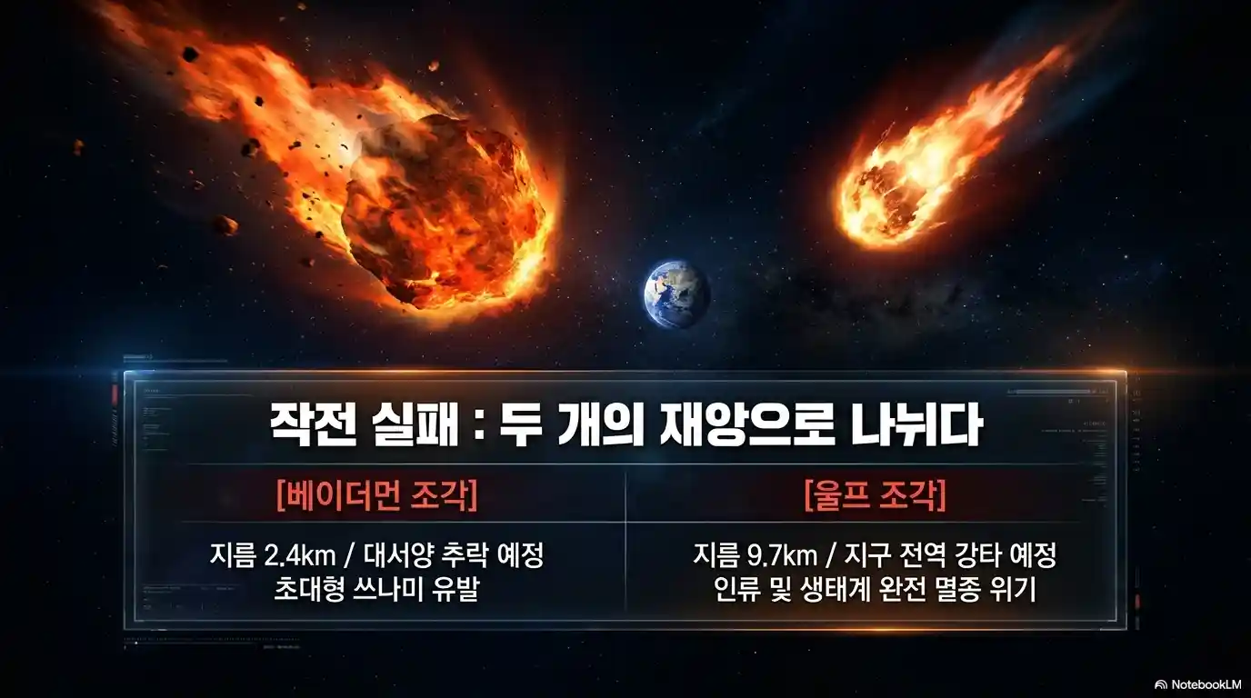 딥 임팩트 혜성 두 조각 분리 결과 - 베이더먼 2.4km 대서양 충돌 울프 9.7km 생태계 멸종 위기