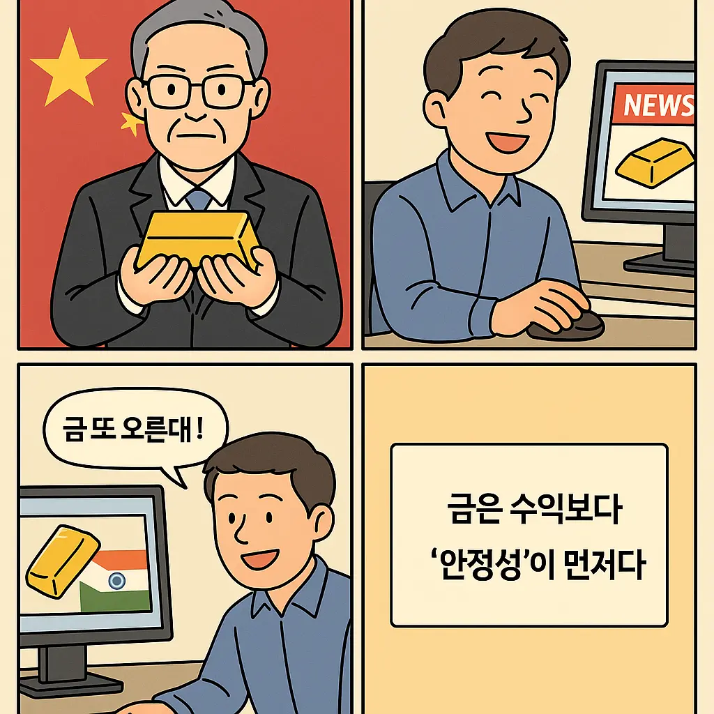 중국과 인도의 중앙은행가가 금괴를 준비하고, 투자자는 뉴스를 보고 따라 매수하는 모습. 금의 안정성을 강조하는 내레이션