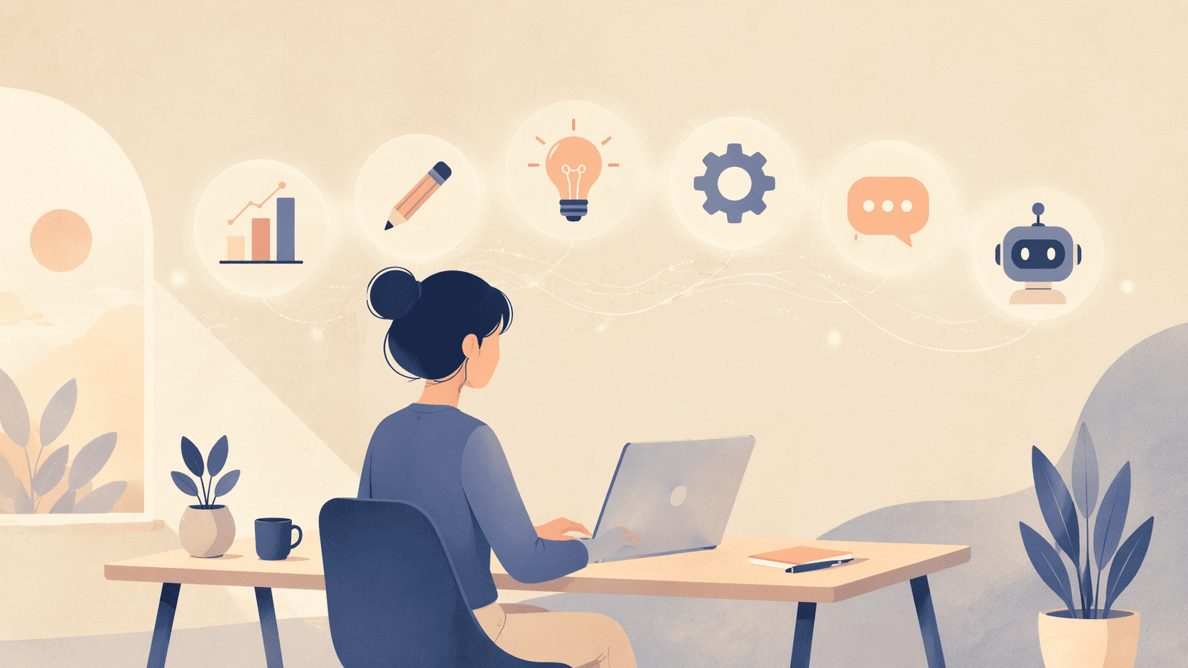 AI 시대 빗살형 인재가 여러 스킬을 조합하여 직무를 재설계하는 업스킬링 일러스트