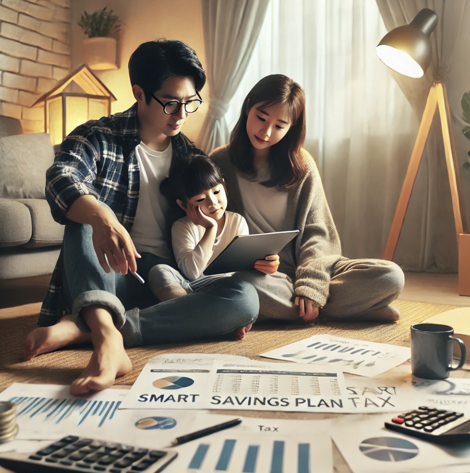 가족이 모여 스마트 기기를 활용해 절세 및 재정 계획을 논의하는 모습