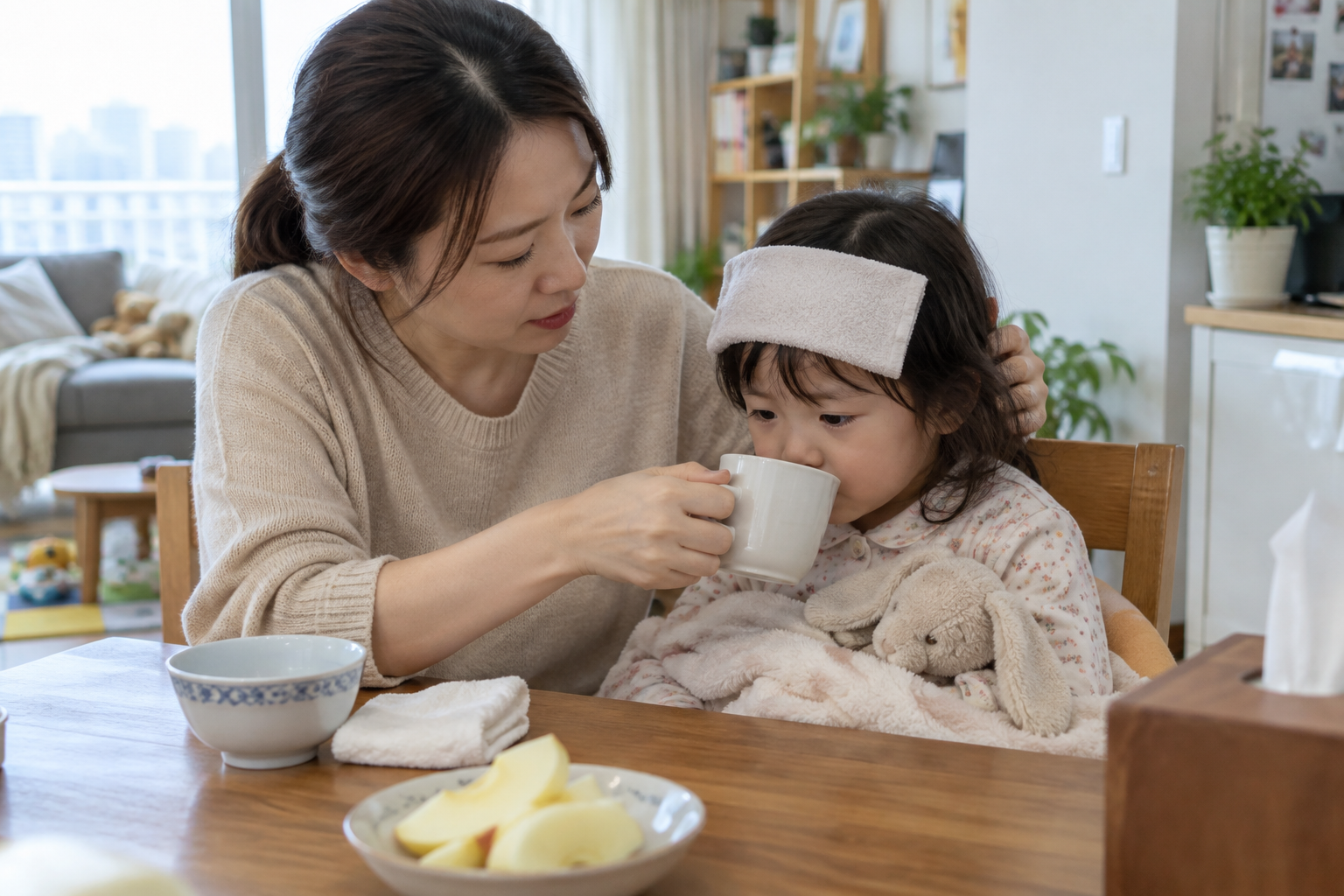 아이 수족구병이 의심될 때, 입안 통증·수분 섭취와 어린이집 복귀 기준 상황에서 보호자가 아이 상태와 다음 행동을 확인하는 실제 생활 장면
