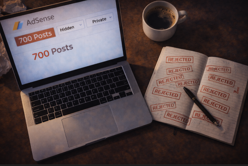 700개의 글을 비공개로 돌리고 애드센스 승인 거절 사유를 고민하는 블로거의 책상