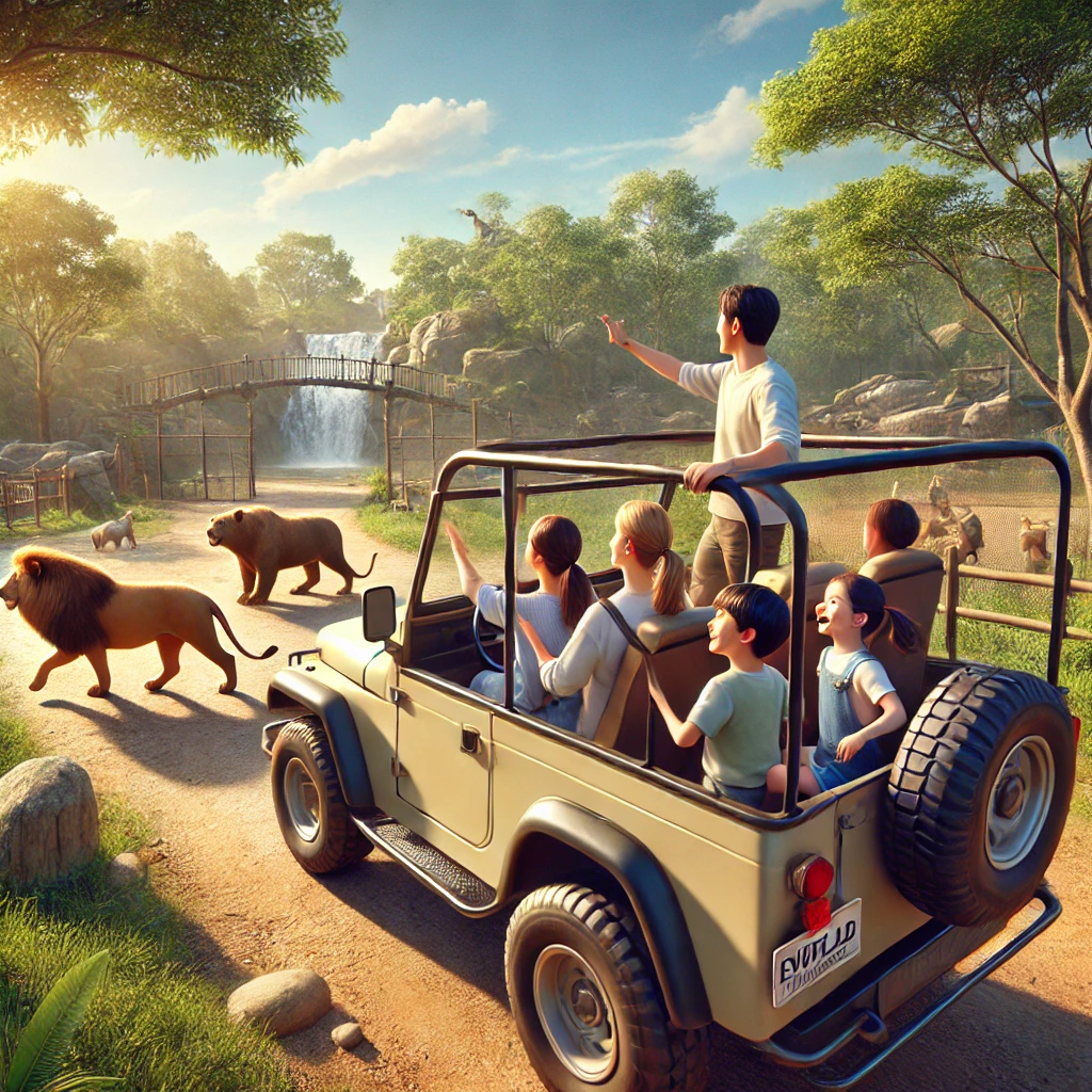 에버랜드 사파리 스페셜투어에서 가족이 지프차를 타고 사자와 곰을 가까이서 체험하는 모습