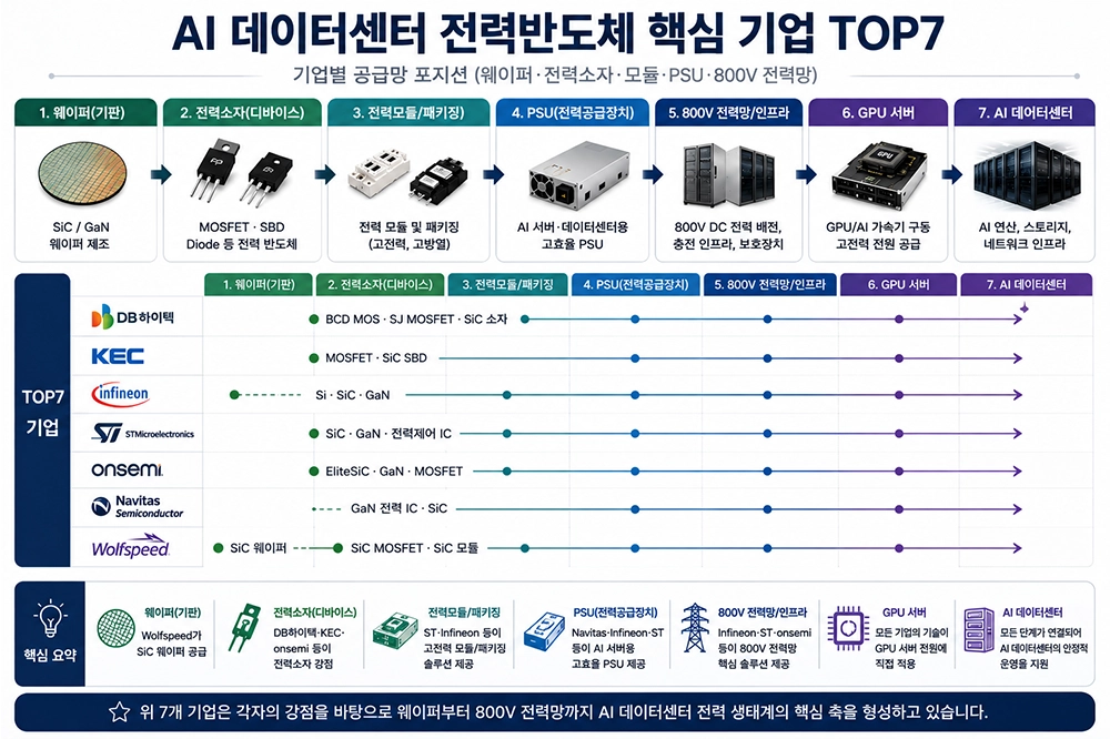 AI 데이터센터 전력반도체 핵심 기업 TOP7의 공급망 포지션을 보여주는 인포그래픽으로 DB하이텍, KEC, Infineon, STMicroelectronics, onsemi, Navitas, Wolfspeed가 웨이퍼, 전력소자, 전력모듈, PSU, 800V 전력망을 거쳐 AI 데이터센터에 연결되는 구조를 설명한 이미지