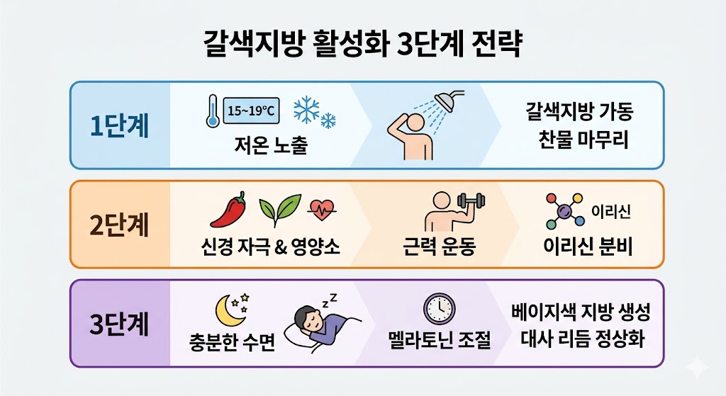갈색지방 활성화 3단계 전략을 정리한 인포그래픽입니다. 저온 노출, 운동을 통한 이리신 분비, 수면과 멜라토닌 조절 등 각 단계별 실천법을 아이콘과 함께 배치하여, 에너지를 태우는 체질로 변화하기 위한 핵심 정보를 직관적으로 전달합니다.