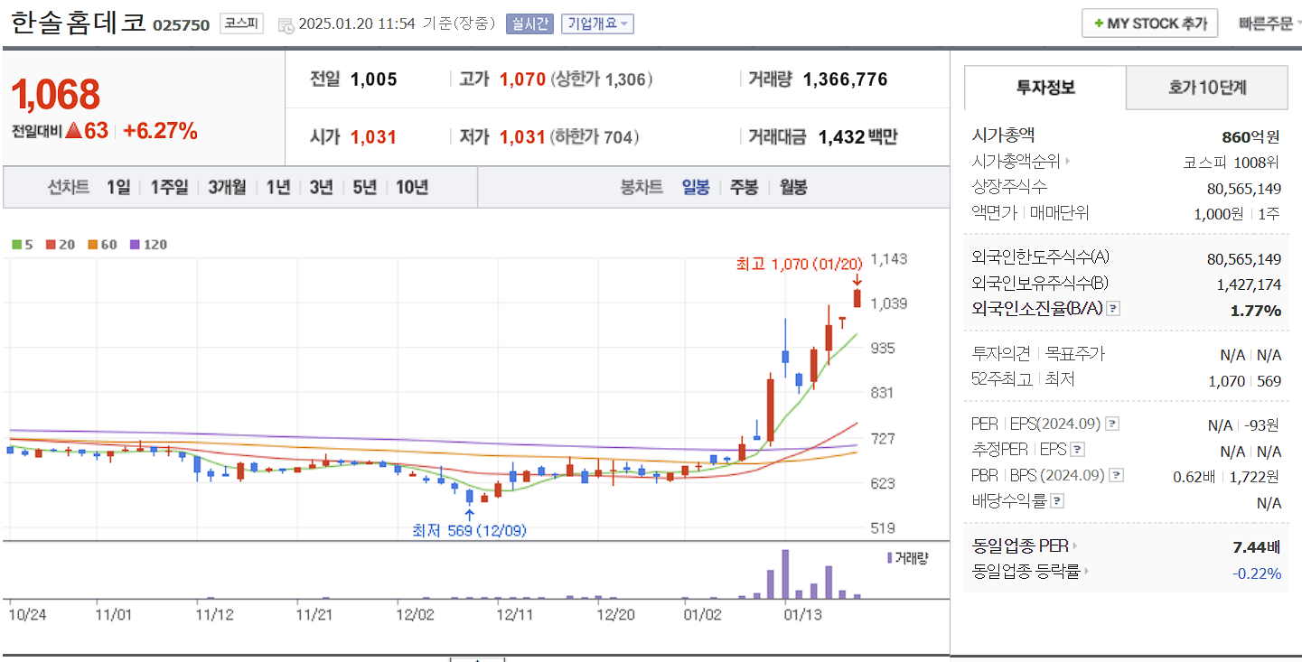 김문수 관련주 대장주 한솔홈데크 일봉 차트