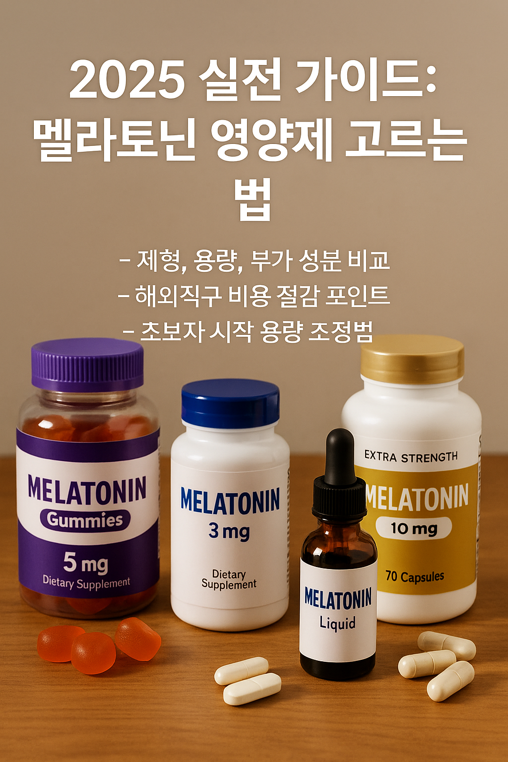 멜라토닌 영양제 5mg&middot;3mg&middot;10mg 제품과 액상 드롭이 나란히 배치되고&amp;#44; 상단에는 &lsquo;2025 실전 가이드: 멜라토닌 영양제 고르는 법&rsquo; 문구가 적힌 실사 스타일 이미지.