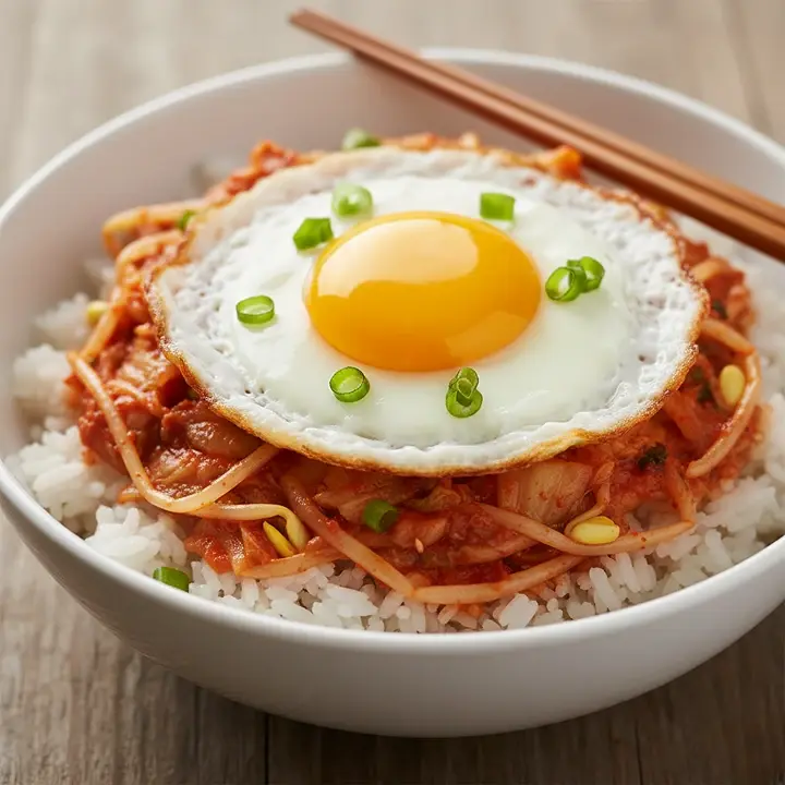 김치콩나물 덮밥 - 반숙 계란이 올라간 매콤한 덮밥