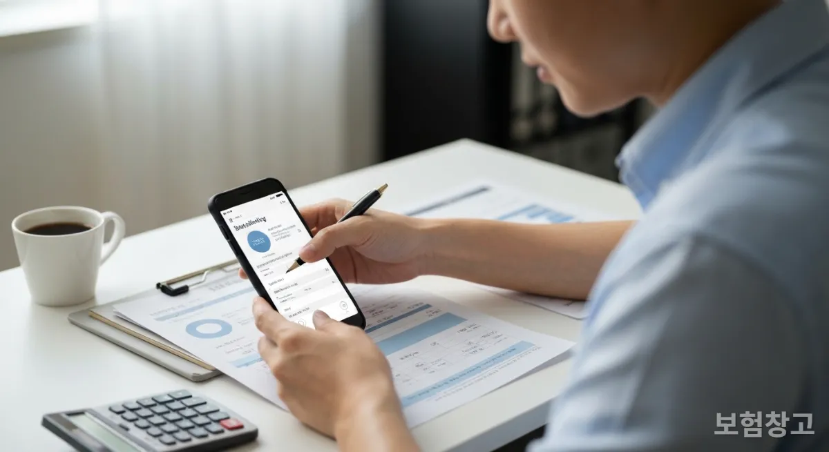 ISA 계좌 서류와 스마트폰 앱을 정리하며 재정 계획을 세우는 한국인 투자자