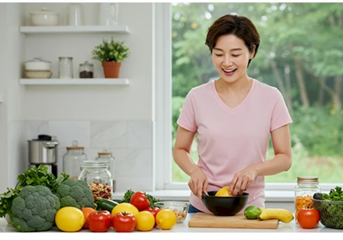 건강한 식단과 운동으로 활기찬 일상을 보내는 한국인의 사실적인 모습입니다