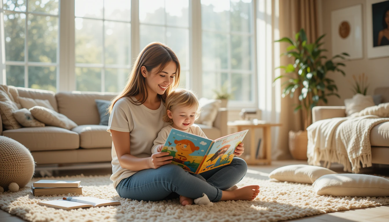 아이와 함께 그림책을 보고 있는 엄마의 모습