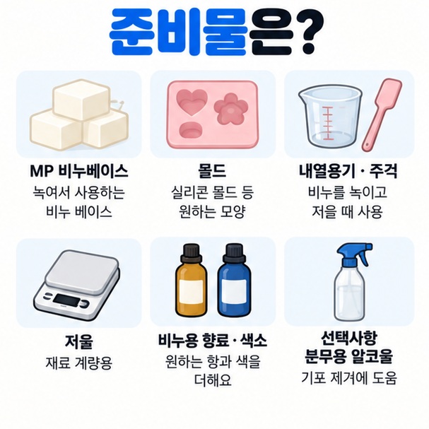 MP 비누 베이스 실리콘 몰드 내열용기 전자저울 향료 색소 준비물을 정리한 이미지