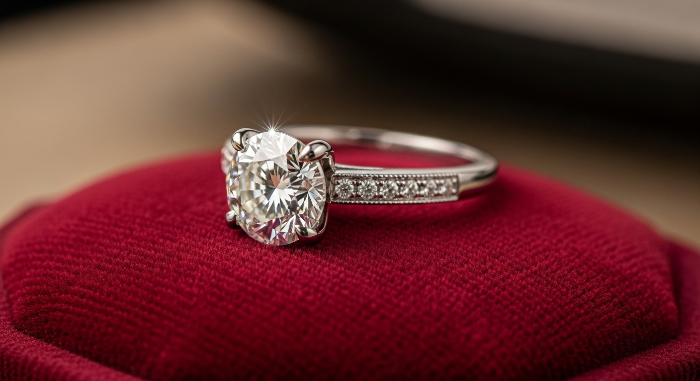 까르띠에 솔리테어 1895 다이아몬드 반지 클로즈업, 벨벳 쿠션 위에서 빛나는 클래식하고 우아한 디자인.