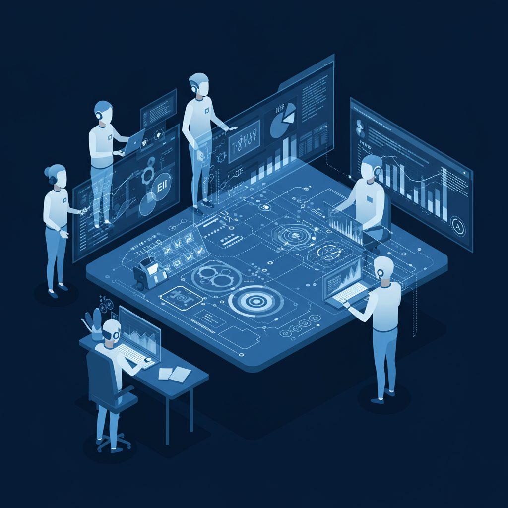 AI 에이전트들이 협력하여 프로젝트를 구축하는 미래적 이미지