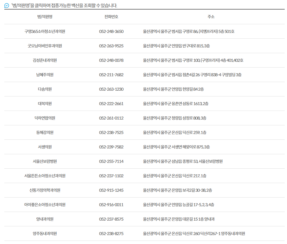 울주군 독감 접종 병원