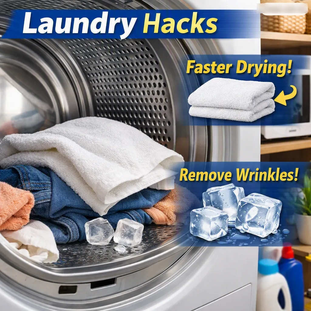 Dryer with clothes, towel, and ice cubes demonstrating faster drying and wrinkle removal laundry hacks.