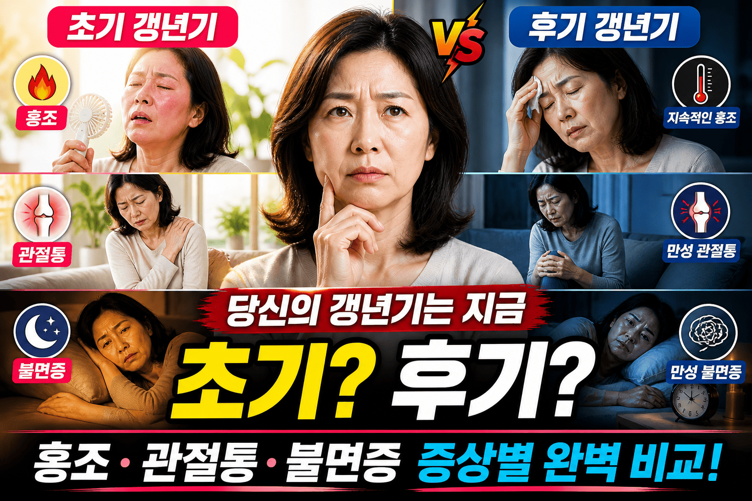 초기 vs 후기 갱년기 (홍조, 관절통, 불면증)